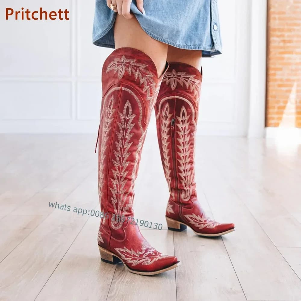 Stampa stivali da Cowboy con punta a punta cinturino incrociato con cerniera tacchi quadrati scarpe alte al ginocchio per adulti stivali da cavaliere da donna di grandi dimensioni invernali Punk