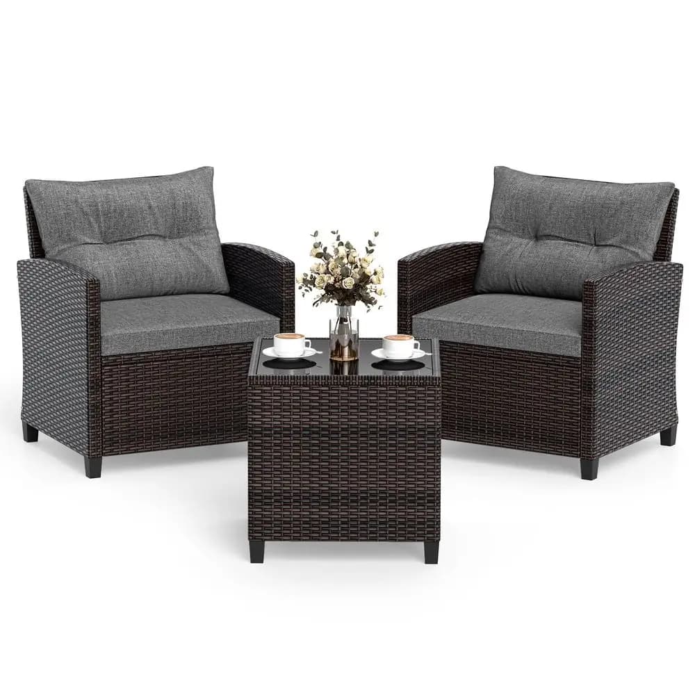 Set di Mobili da Patio in Vimini 3 Pezzi, Tavolo e Sedie da Esterno con Piano in Vetro Temperato, Cuscini, Piccolo Salotto in Rattan