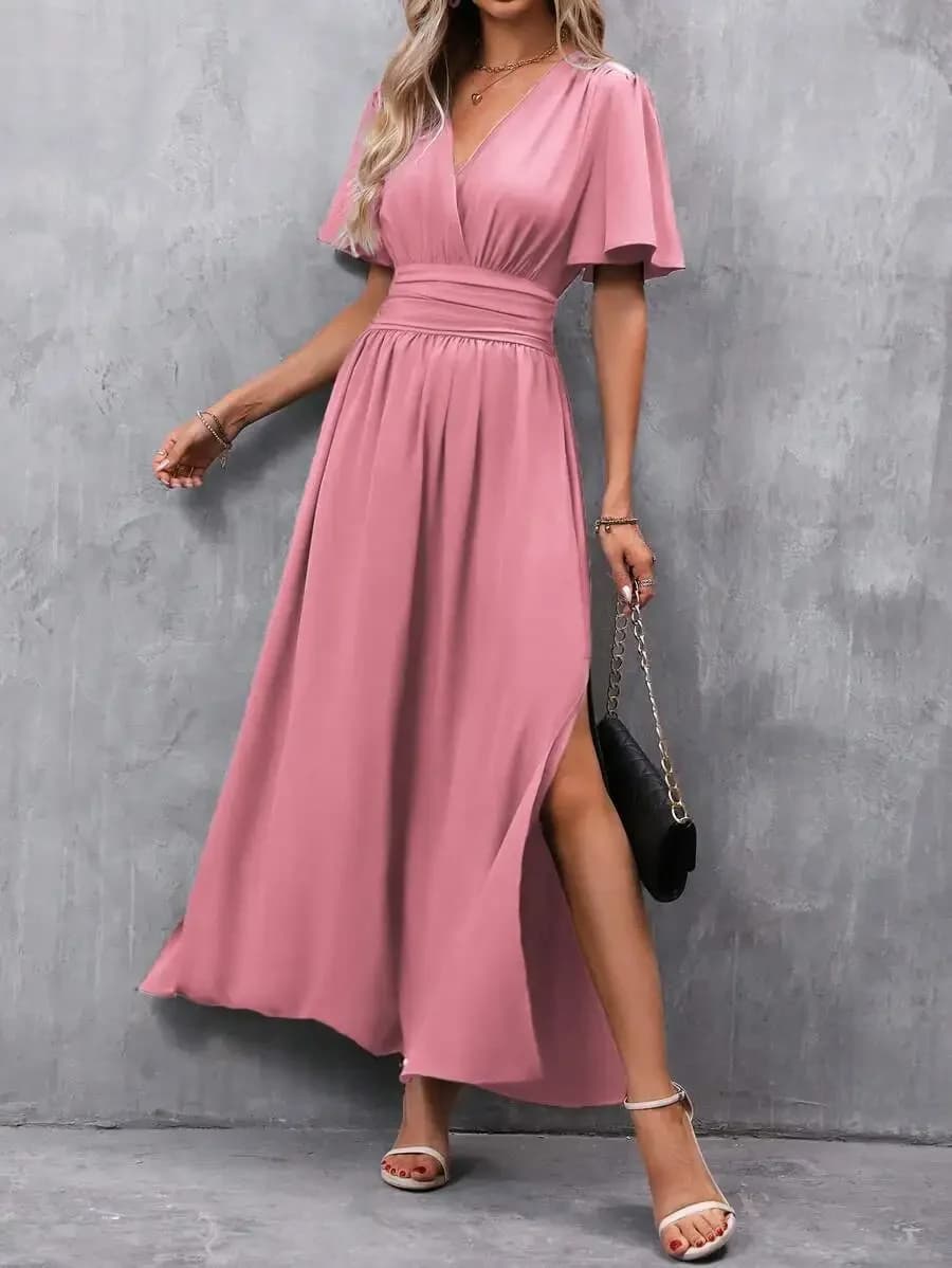 Abito lungo da donna con maniche a farfalla, scollo a V e spacco sulla coscia