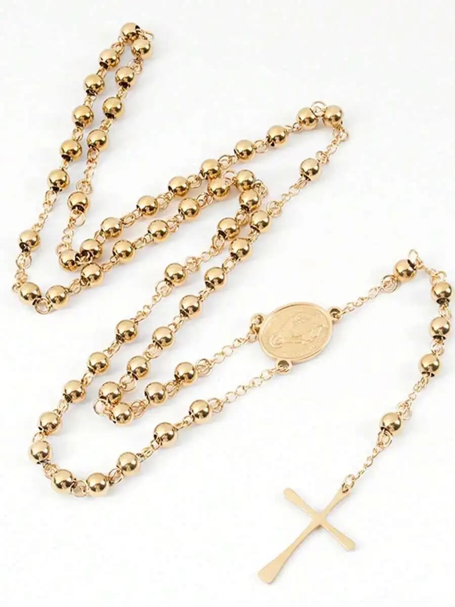 Collana Rosario Religiosa in Acciaio Inossidabile con Ciondolo a Croce, Lunga Catena di Perline, Gioielli alla Moda