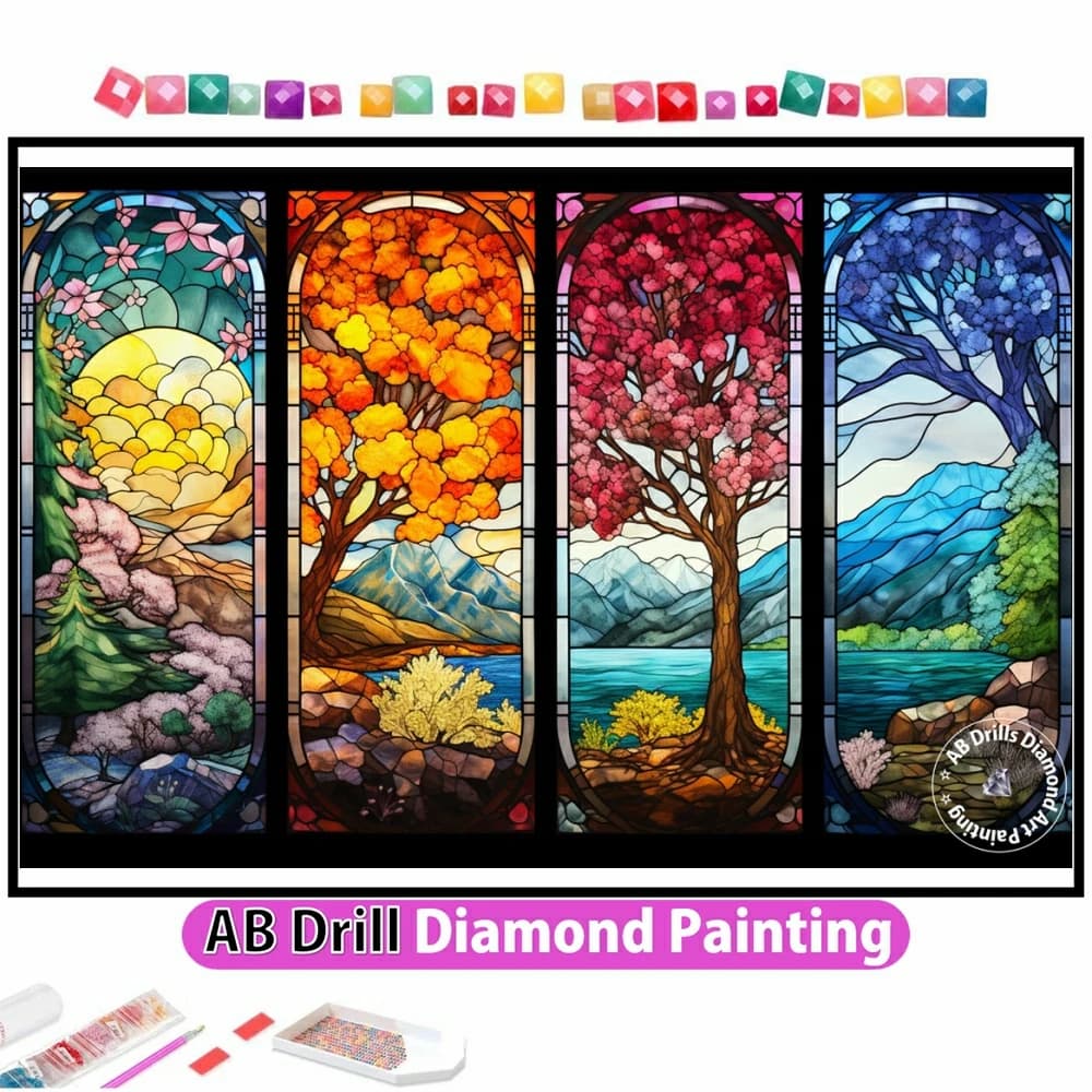 Four Seasons Stained Glass 5D DIY AB Diamond Painting Embroidery Landscape Cross Stitch Mosaic Rhinestones Hobby Home Decor Gift