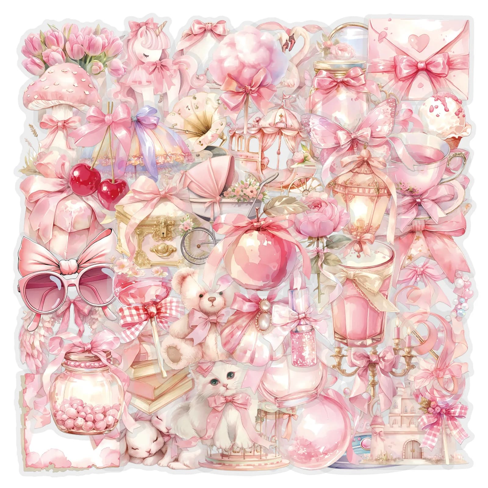10/60 Pezzi Adesivi Rosa Coquette Trasparenti Impermeabili per Graffiti, Regalo Giocattolo Fai da Te, Scrapbook, Chitarra, Scrivania, Diario, Bagaglio