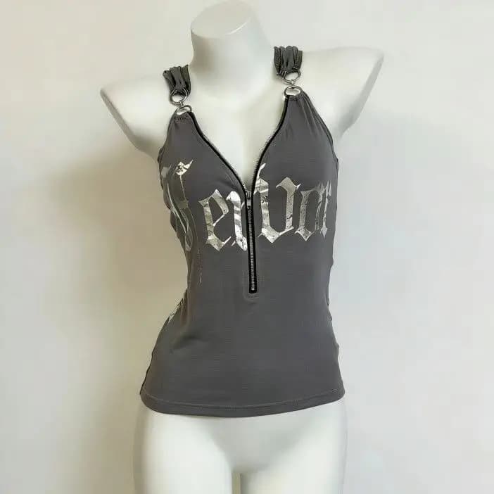 Gilet Giapponese Vintage Y2K Anni '00 Harajuku Hot Girl Gothic Punk Streetwear con Cappuccio Estivo Donna Senza Maniche Scollo a V Stampa Grunge