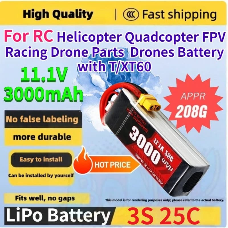 Batteria LiPo 11.1V 3000mAh 3S 25C per Elicottero RC, Quadricottero, Drone da Corsa FPV, Batteria Ricaricabile per Droni con Connettore T/XT60
