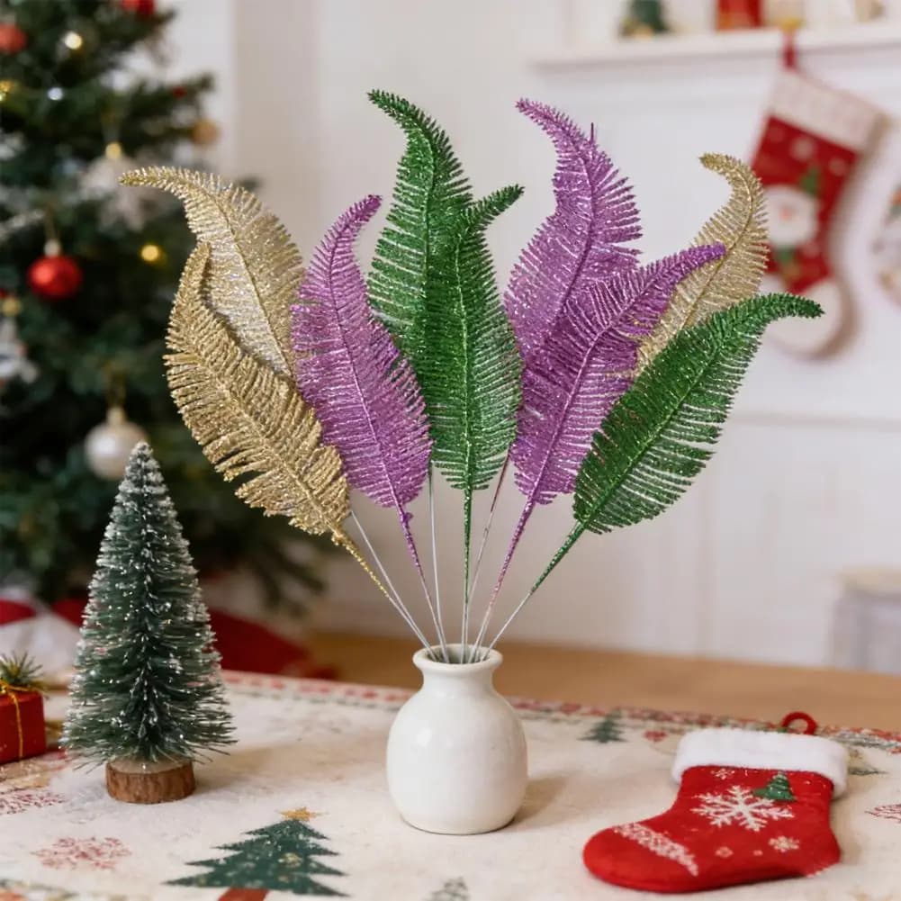 Artificial Leaves Glittered in Felt Shape, Realistic Decoration with Stelo, Golden Felts, Greens and Wedding Purple