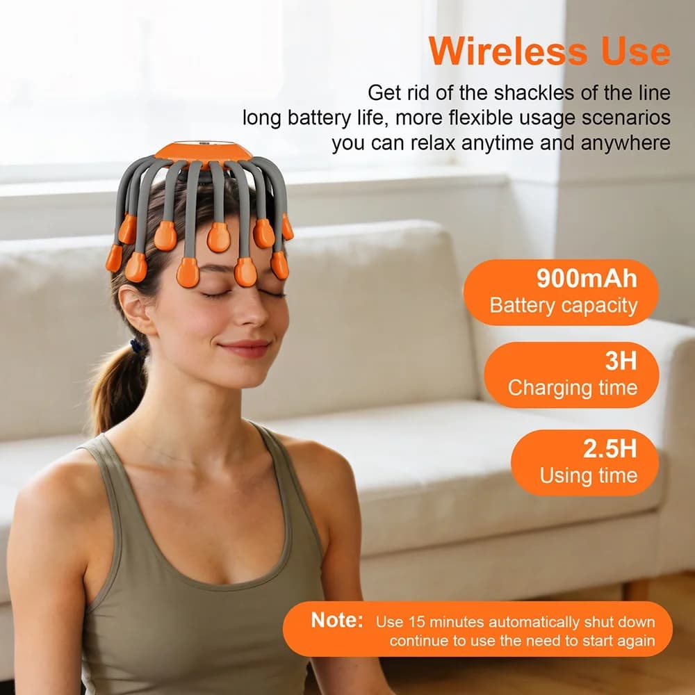 Massaggiatore Elettrico per la Testa con 24 Testine, Massaggiatore a Forma di Polpo, 5 Modalità, Massaggiatore per il Cuoio Capelluto a 360° ° Rotazione Libera, Leggero, Utilizzo Wireless