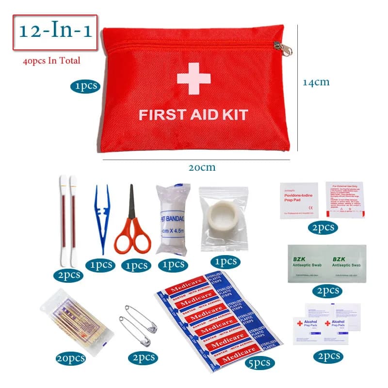 12-in-1 40 pezzi Set Kit di pronto soccorso portatile Kit di emergenza per auto rossa Accessori per il trattamento medico di emergenza all'aperto da viaggio a casa