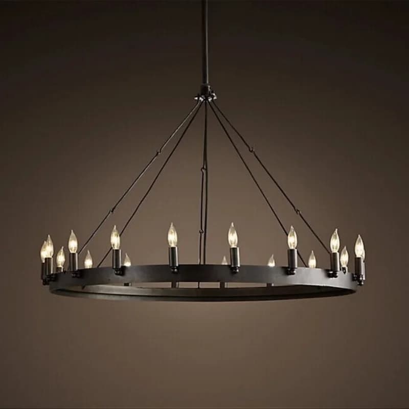 Lampadario ad anello vintage in fattoria Lampadario industriale americano in ferro nero Lampada a sospensione Villa Hotel hall Soggiorno Ristorante Lampada a LED
