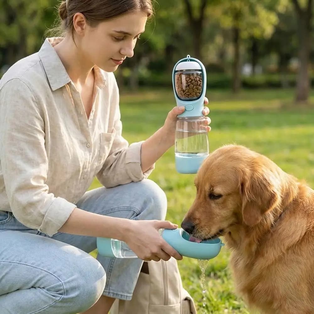 Contenitore per Cibo 3 in 1 per Animali Domestici, Tazza da Passeggio, Dispenser Portatile Antigoccia per Cibo e Acqua per Cani