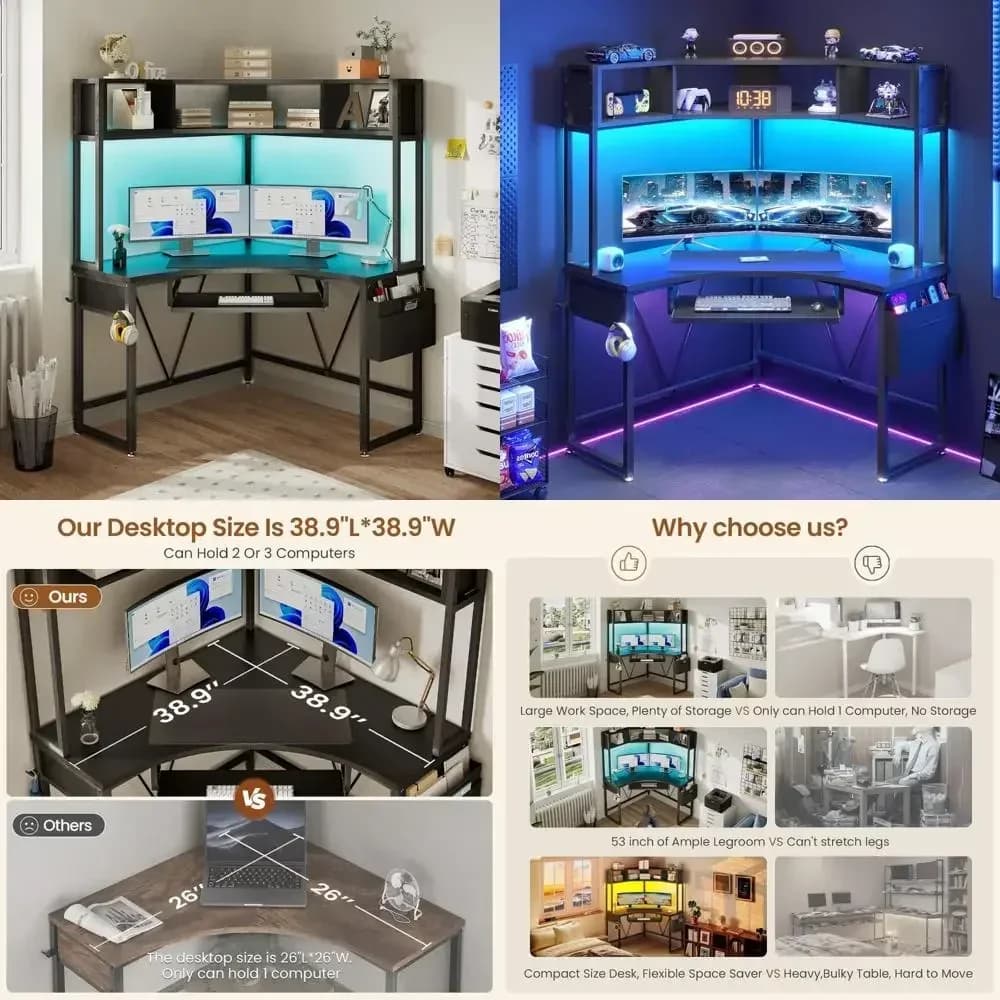 Scrivania angolare ergonomica bestseller con vano integrato e illuminazione a LED, scrivania compatta per gaming con design triangolare