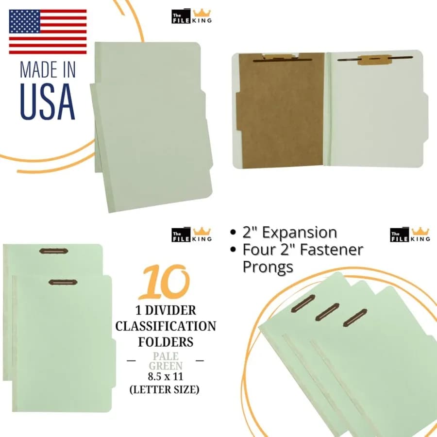 One Divider Pressboard Classification File Folder - Letter Size Box of 10 Top Tab 2" Expansion Four 2-Inch Durable Fastener Pro