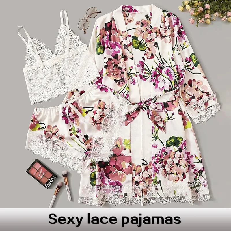 Fashionable size sexy women's pyjamas set with white floral print in three pieces with lace strap and shorts and dress