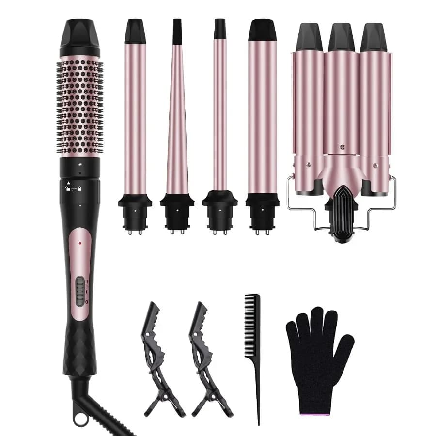 Iron curlers with wand 6 in 1, 3 barrel curling iron set with thermal brush, 1.5 and 5 interchangeable ceramic wands (0,35-1,25)