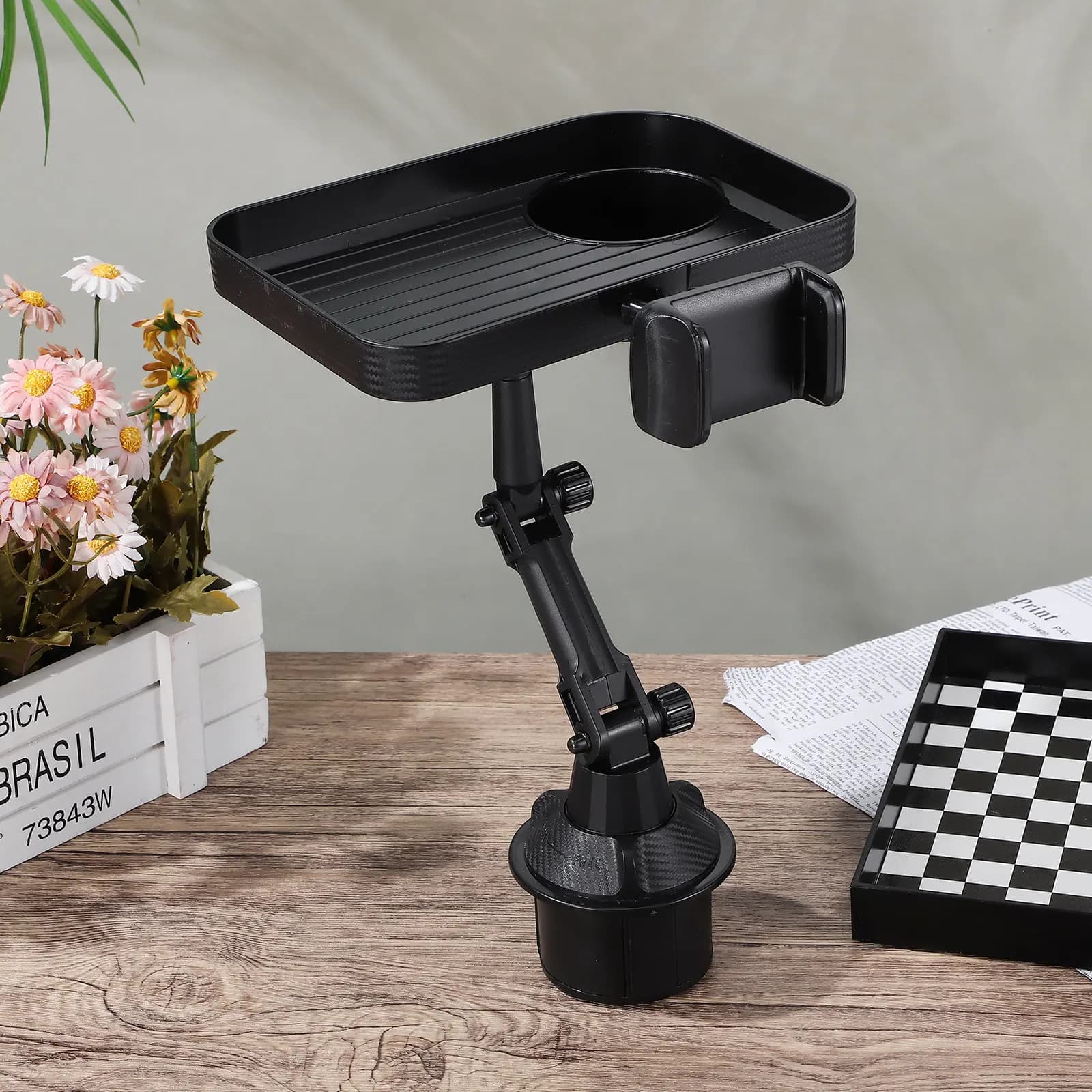 Tray Glass Holder for Car with Support for Phone and Container for Food, Universal and Easy to Install