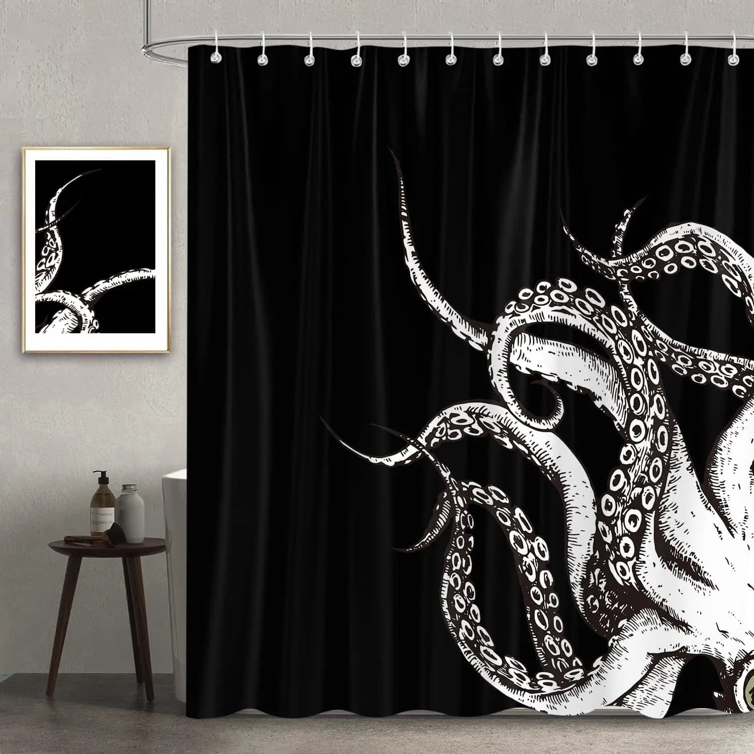 Gothic Octopus Shower Curtain, Funny Black and White Ocean Animal Bathroom Decor Set,Waterproof Polyester Restroom Accessories