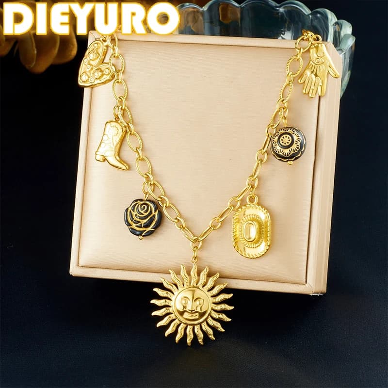 DIEYURO 316L Stainless Steel Sun Hat Palm Boot Black Gold RoseFlower Pendant Necklace Lady New Trend Classic Neck Chain Jewelry