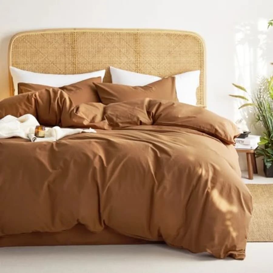 Set Copripiumino in Cotone Colore Caramello, 100% Cotone Lavato, Effetto Lino, Traspirante, Percale, Resistente, Confortevole, Stile Rustico Neutro B