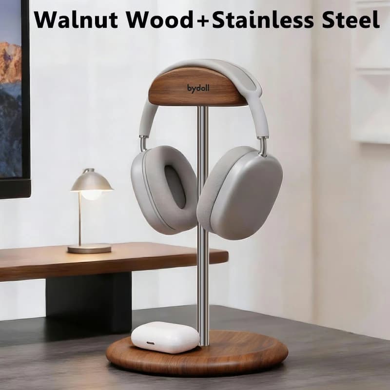 Curved Solid Wood Headphones Stand Walnut+Stainless Steel Head Mounted Music Gaming Headset Bracket Desktop Display Shelf