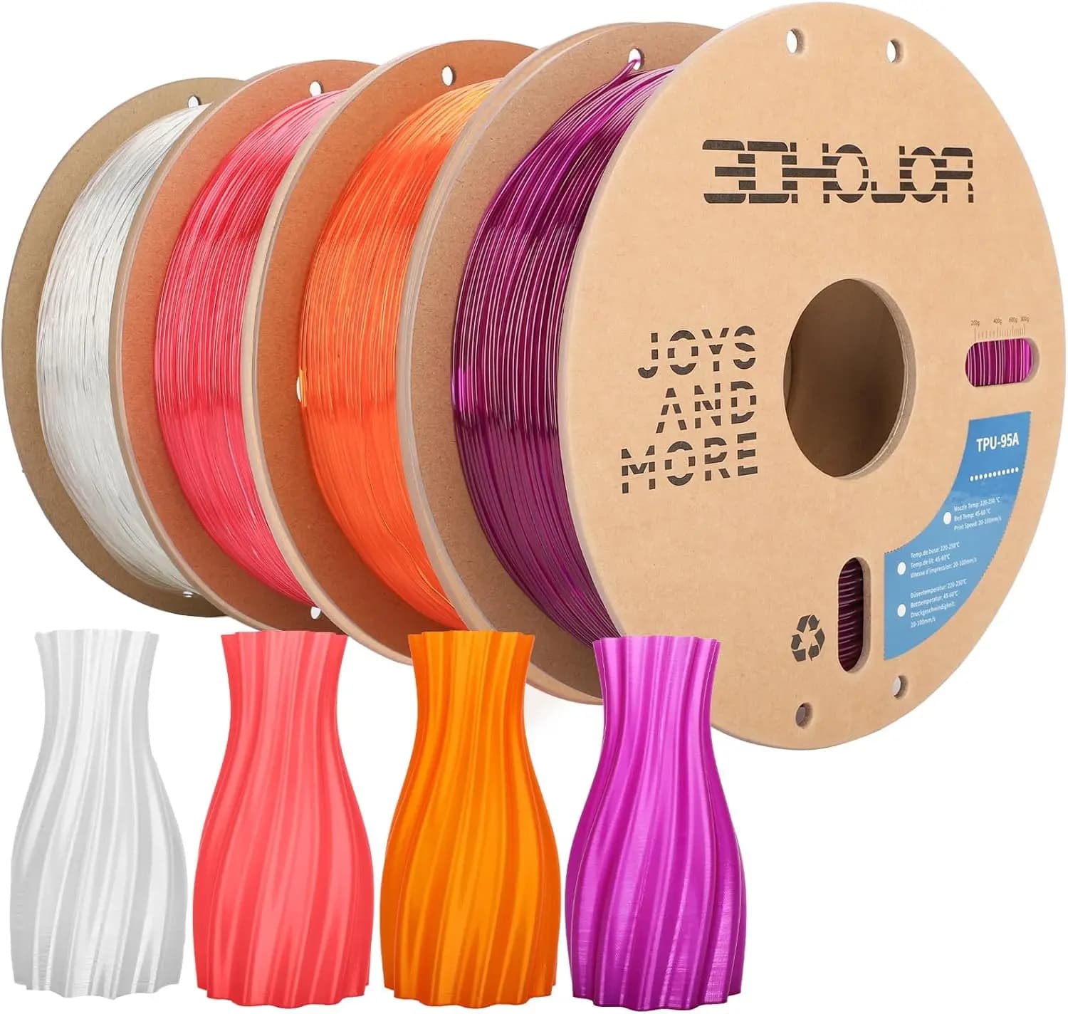 Filamento TPU Flessibile 1.75mm, Confezione da 1KG*4 per Stampanti FDM, Precisione Dimensionale +/-0.03mm - Colori Trasparenti