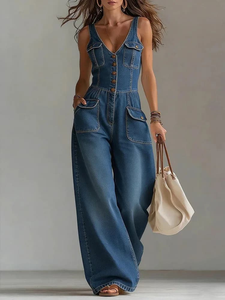 Tuta in Denim da Donna alla Moda, Senza Maniche, Scollo a V, Bottoni, Vita Elasticizzata, Pantaloni a Gamba Larga, Tasche, Casual, Vita Alta