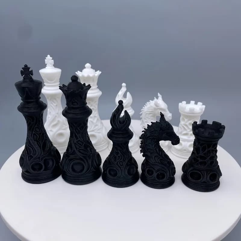 32pcs 3D Printed Plastic Gothic Revival Black And White Chess Set | Sci-Fi Celtic Woven Art Dragon Pattern