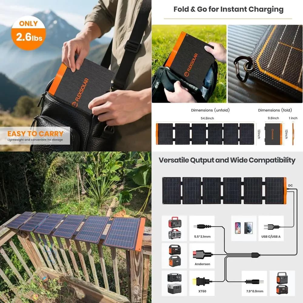 Pannello Solare Portatile da 60W con Ricarica USB-C/A e QC3.0, Porta DC 20-28V, Impermeabile IP67, Ideale per Campeggio e Escursionismo