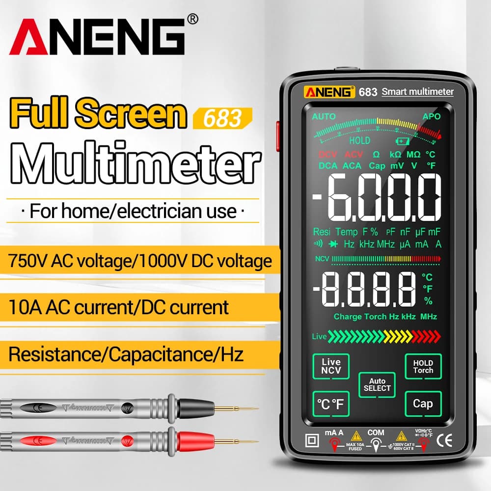 ANENG 683 Multimetro Intelligente di Alta Gamma, Ricaricabile con Touch Screen, Tester Multifunzione 6000 Conti, Strumento per Test di Tensione AC/DC e Corrente