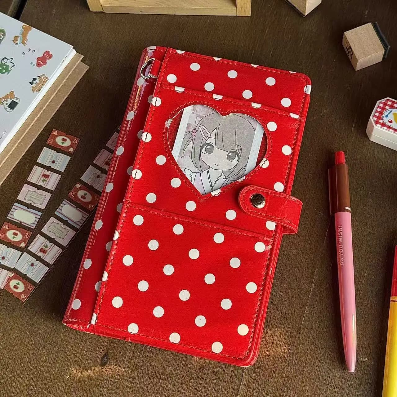 Korean Red Polka Dot A6 Loose-leaf Journal Premium Patent Leather High Aesthetic Portable Planner Cute Daily Diary Journal
