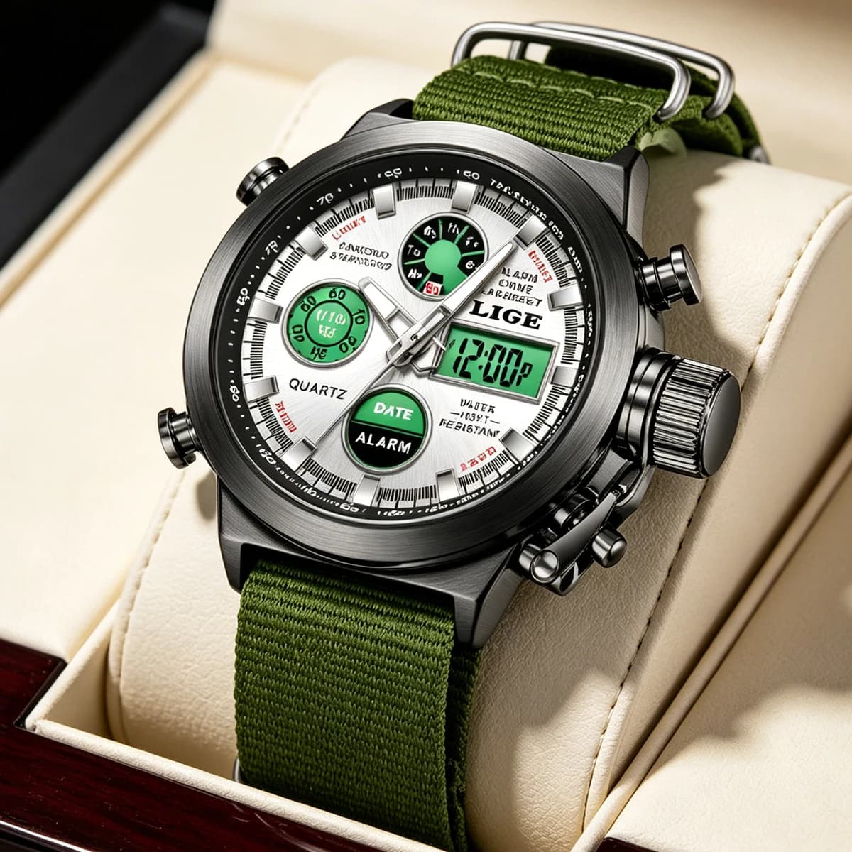 Men's LIGE Big Brand Watch with Double Fuso Hours, Fashion Design, Nylon Strap, Alarm Clock, Stopwatch, Multifunction, Chronograph, Relogio Masculino