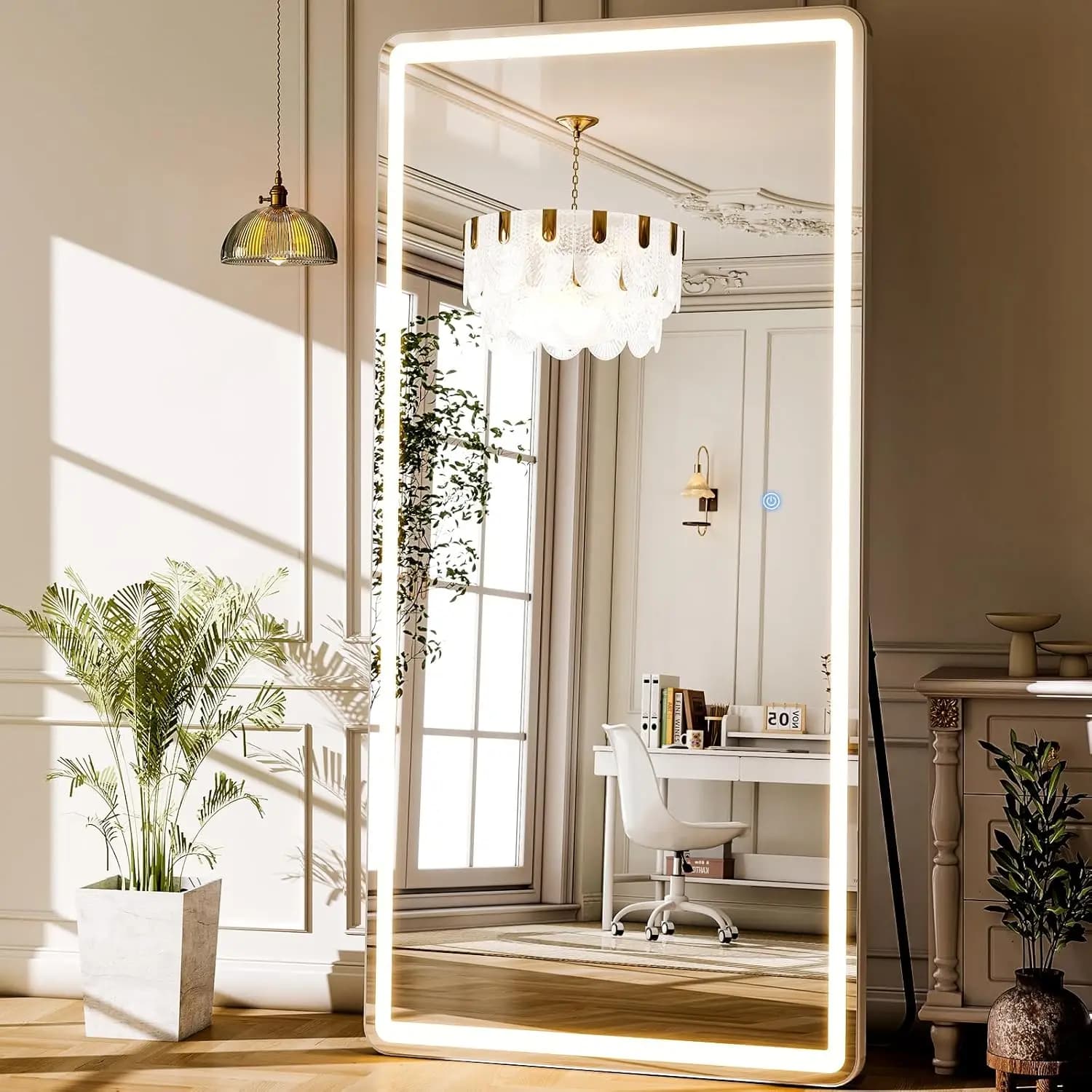 Large full-size LED mirror with adjustable lights, wall or floor for bedroom and living room
