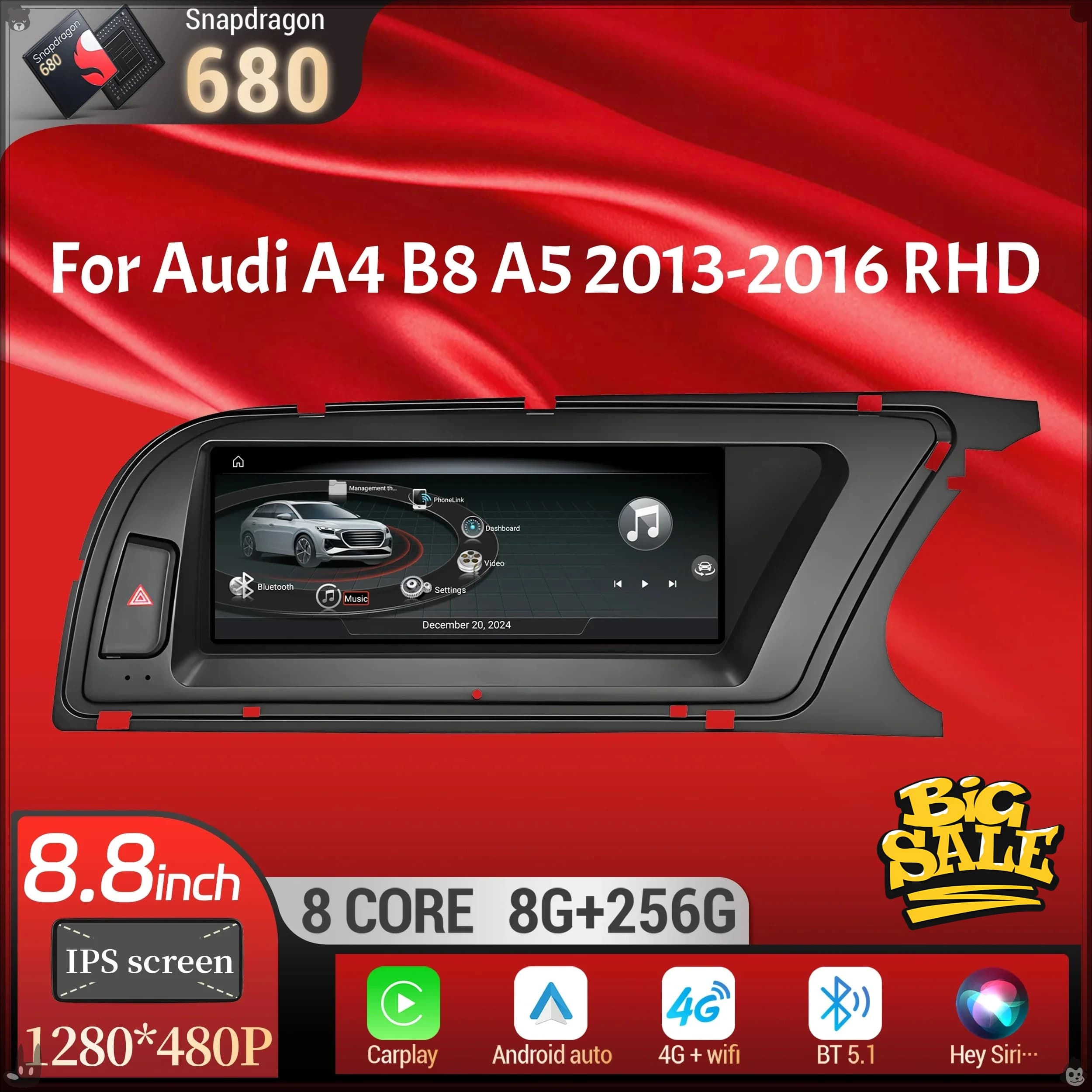 8.8inch Right Hand Drive For Audi A4 B8 A5 2013-2016 Android 14 Car Radio Wireless Carplay Qualcomm Snapdragon 680 Touch Screen