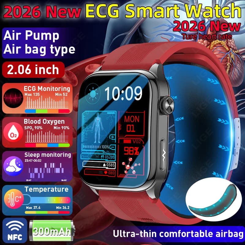 LIGE 2026 New Health Smartwatch with ECG, Air Pump, Airbag, 2,06 Inch AMOLED Display, Accurate Blood Pressure Measurement, for Men and Women