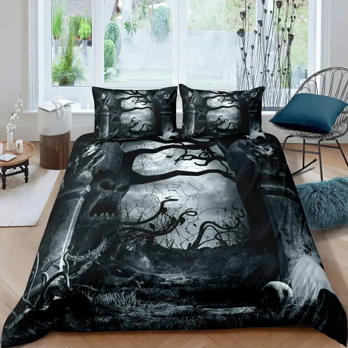 Set of bed linen for Halloween Tree Cover with horror theme Queen King Gothic Polyester Coppers Grey Cover