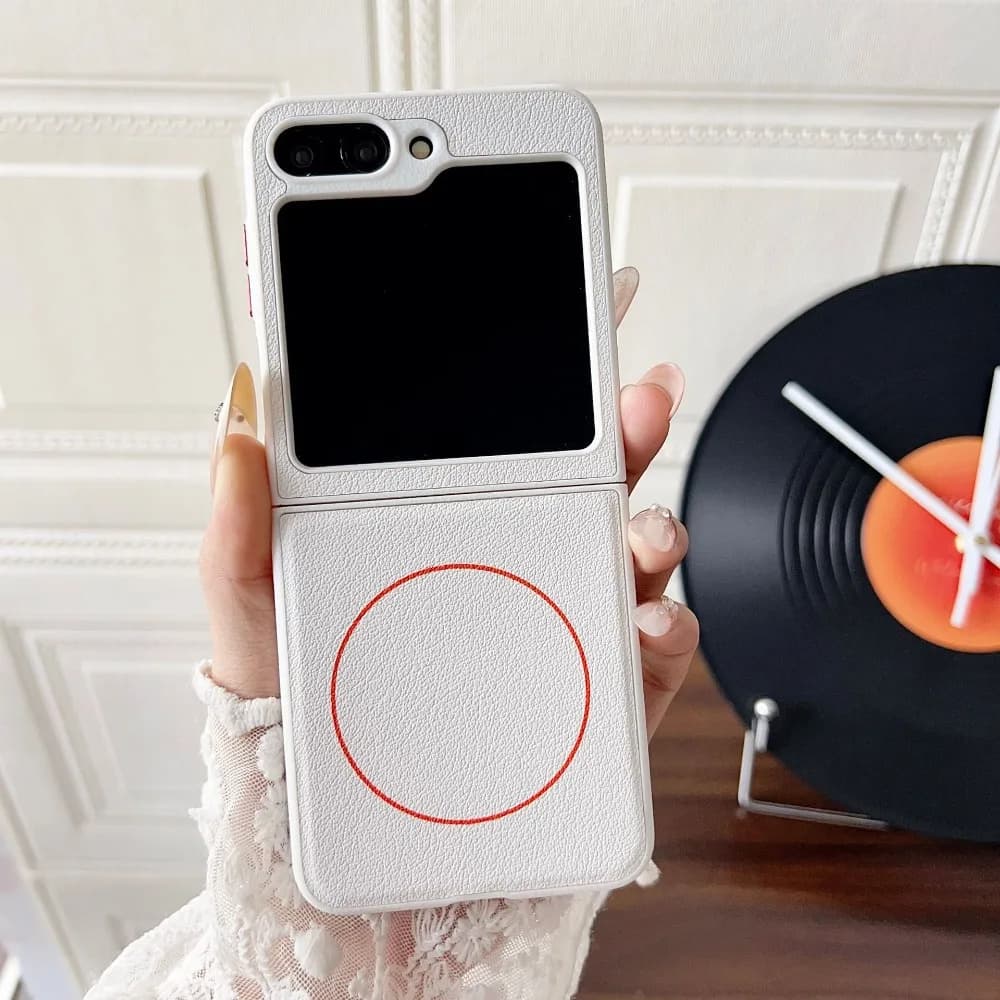 Protective Case for Vegan Leather Litchi Effect for Samsung Galaxy Z Flip 7 FE 6 5 with Magnetic Ring and Wireless Charging