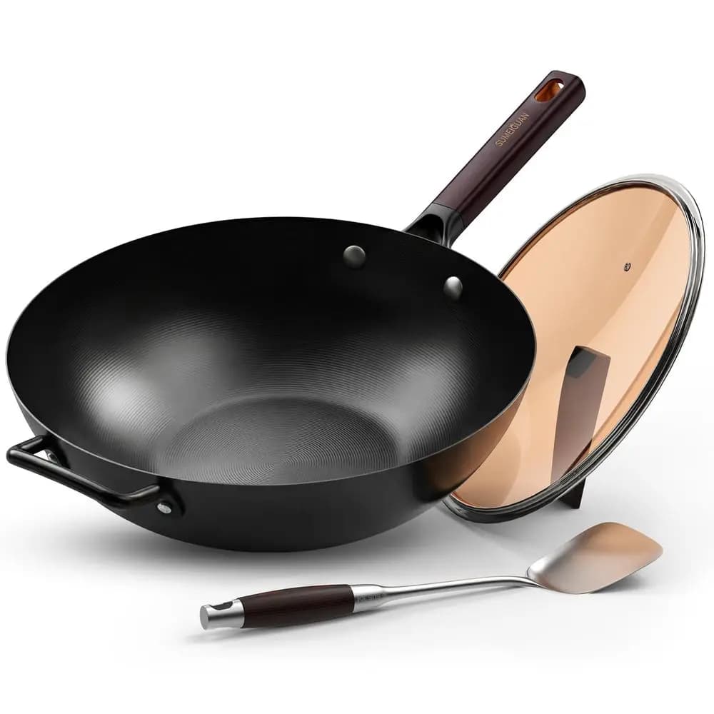 Wok in acciaio al carbonio pre-stagionato con fondo piatto e padelle per stir-fry, utensili da cucina cinesi con coperchio e spatola per friggere, soffriggere, etc.