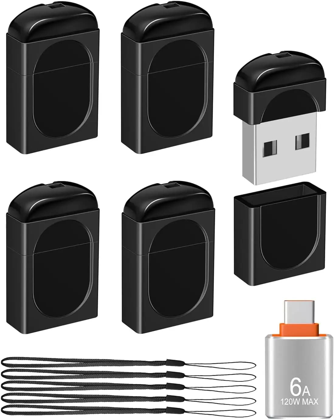 Set di 5 Mini Chiavette USB da 4GB con Adattatore USB-C, Penne USB Compatte per Archiviazione Dati (Nero, Include Laccetti)