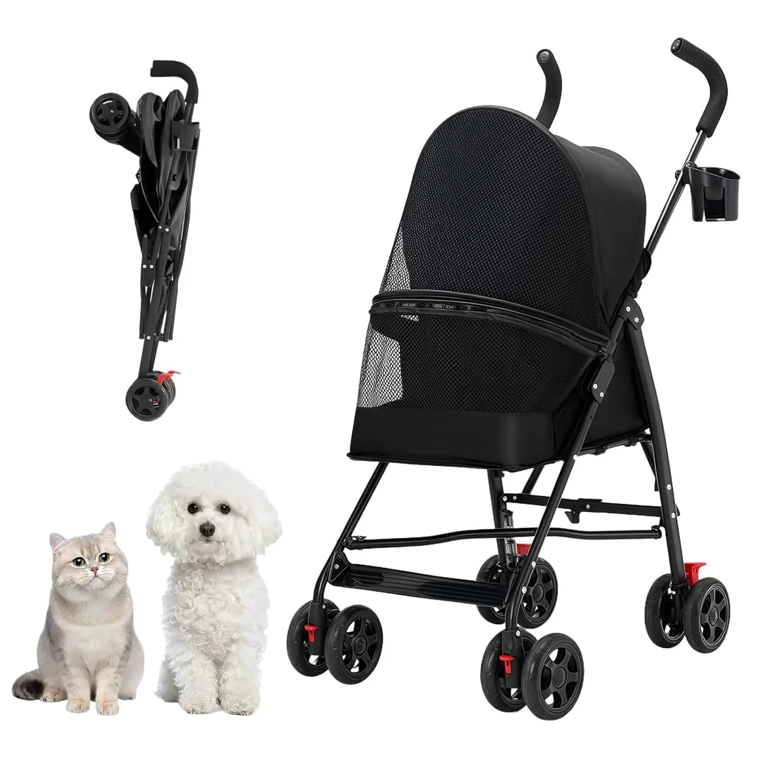 Passeggino per Animali Domestici con Ventilazione a Rete, Design Leggero e Pieghevole, Portabicchieri, Nero