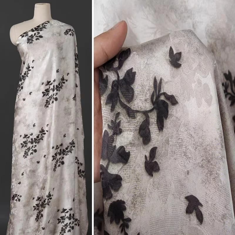 Beige Xiangyunsha Floral Loom Silk Sewing Fabric Breathable Satin Weave Qipao Blouse Dress Material Elegant Designer DIY Textile