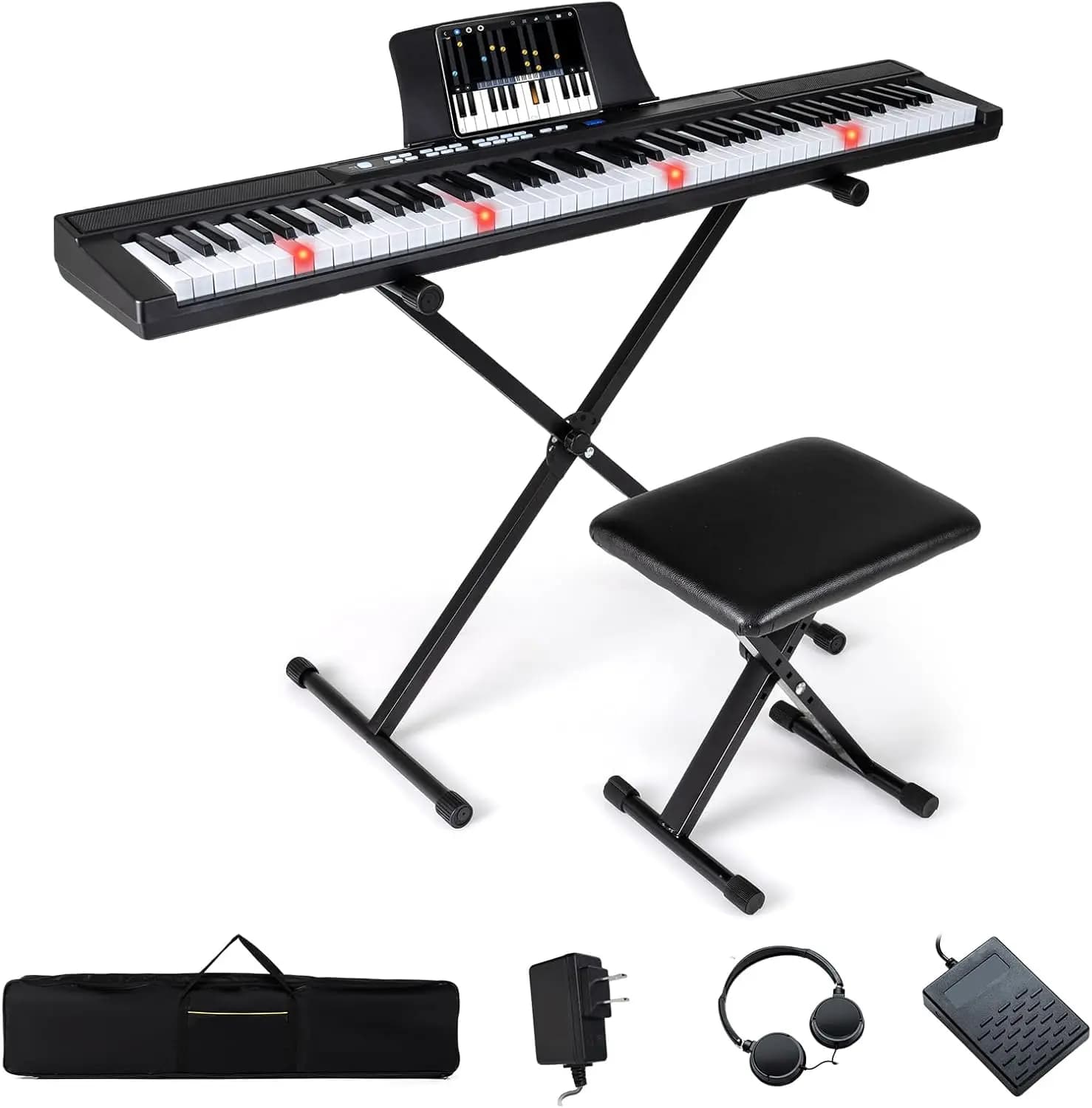 88-Key Electronic Digital Piano Keyboard with Stand, Lighted Full-Size Sensitive Keys, Headphones, MIDI Connectivity, Sustain Pedal, Bench, Carrying Case - Portable Keyboard Piano for Beginners (Black)