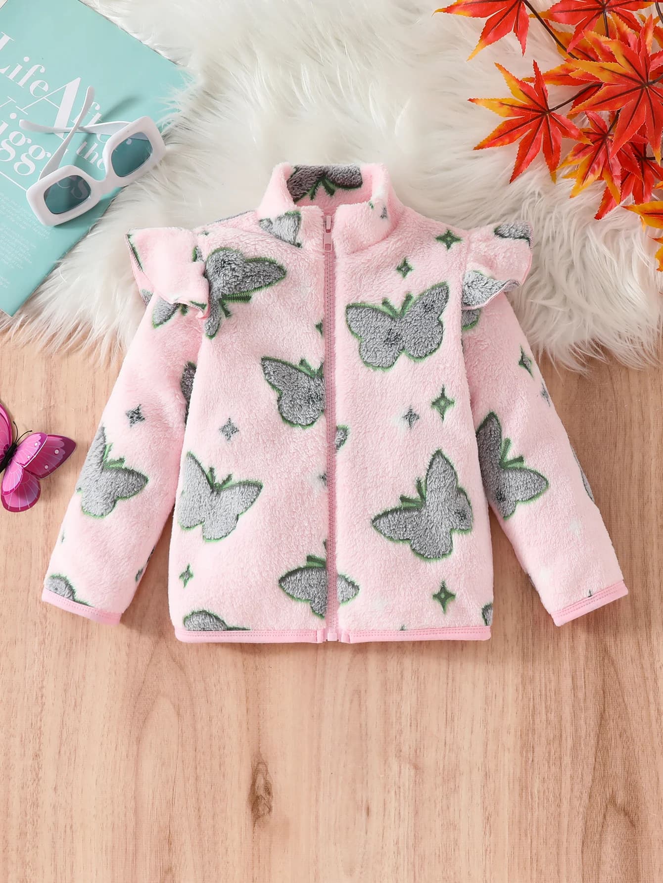 Cute Casual Baby Girl Long-Sleeve Butterfly Flower Zipper Fleece Outdoor Jacket