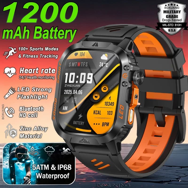 New 1200 mAh Battery Military Smartwatch Men 5ATM Waterproof Fitness Tracker Health Heart Rate Rugged Sports Call Smart Watches