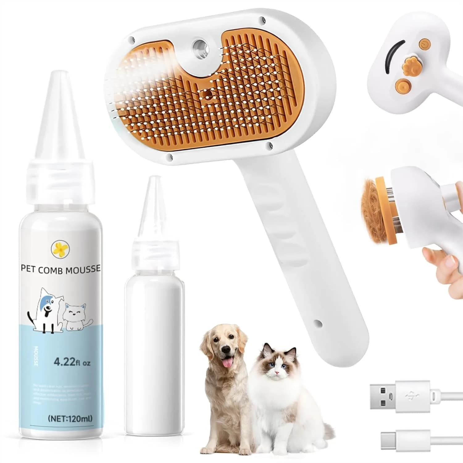 Spazzola a Vapore per Cani e Gatti - Pettine 3-in-1 per Rimozione Peli con Shampoo Senz'Acqua, Strumento di Toelettatura Sicuro e Facile per Pelo Lungo