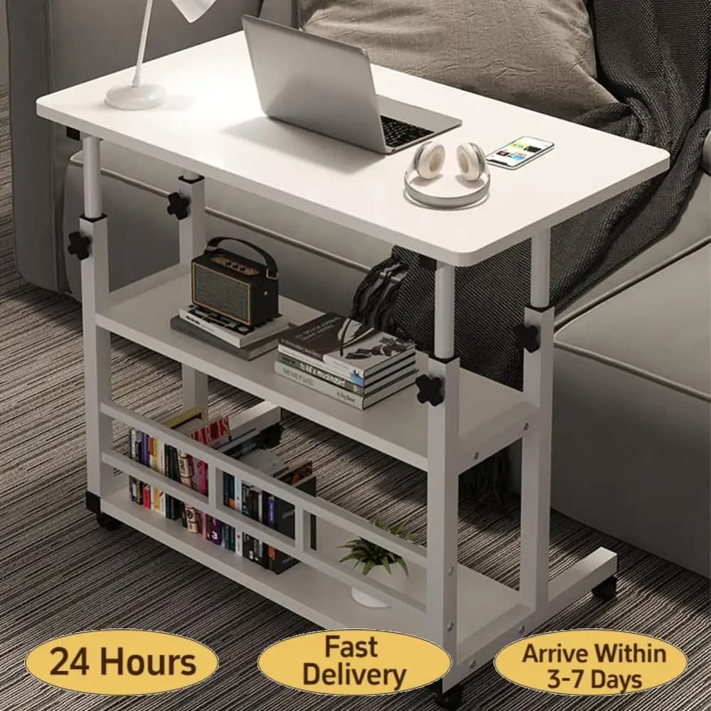 Scrivania per Computer Regolabile in Altezza con Ripiani Multipli, Ruote Girevoli, Scrivania Mobile per Laptop per Dormitorio e Camera da Letto