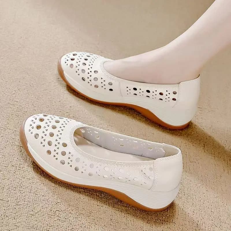 Woman's Summer New Leather Hollow Out Wedges Shoe Soft Sole Shallow Slip On Round Toe Cave Shoes Lightweight Breathable Sandals