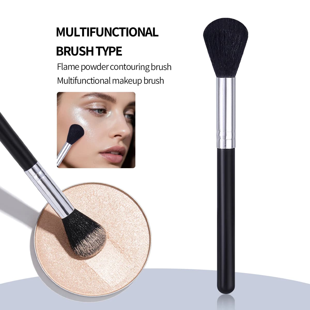 1 pennello illuminante multifunzionale, con manico in legno, economico e morbido, per contouring, blush e illuminante.