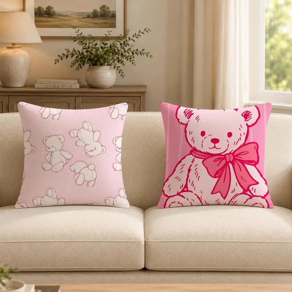 Art P-Pink t-teddy b-bear Cushion Cover Soft Short Plush Decorative Pillow Cover for Sofa Bedroom Double-Sided Print