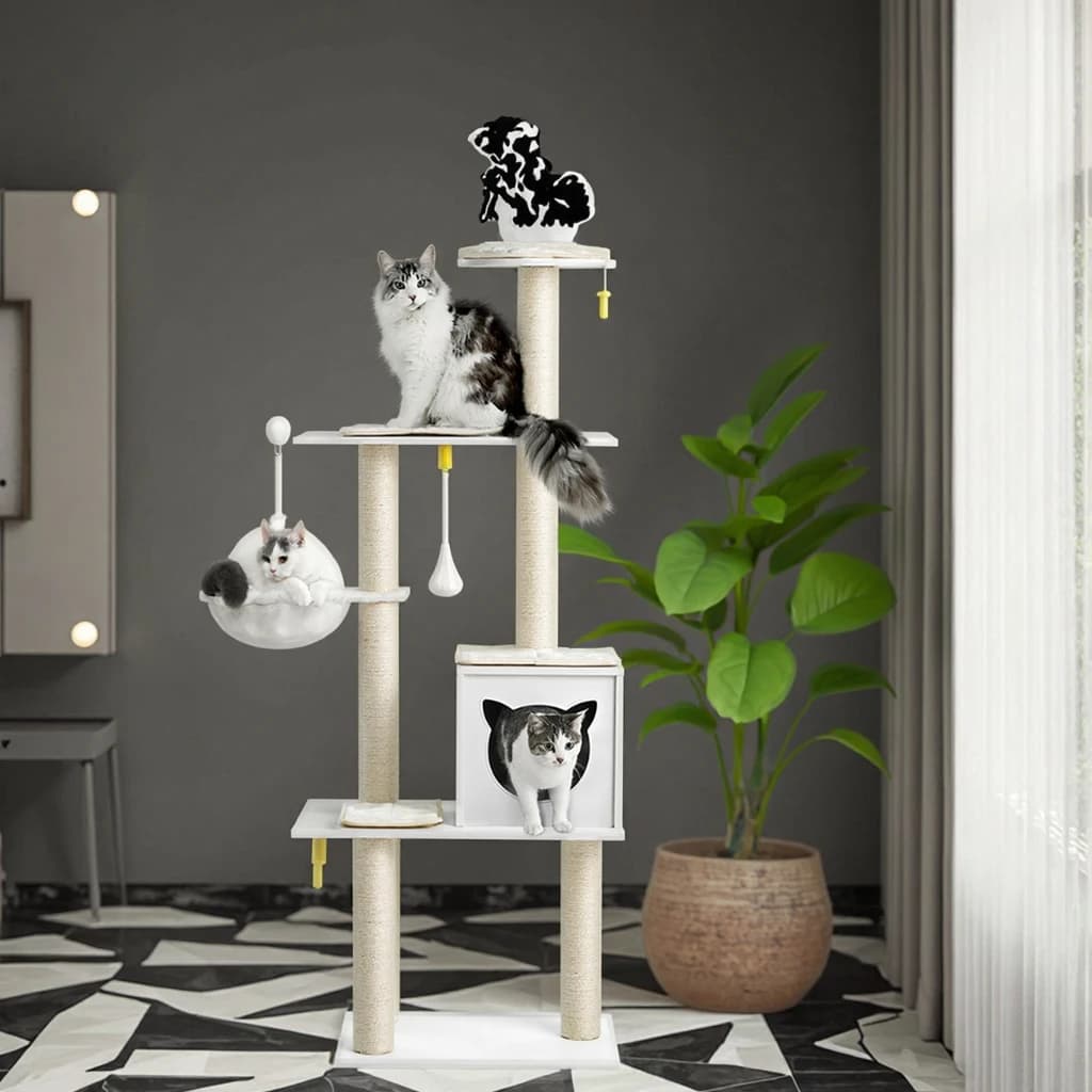 Moderno Albero per Gatti in Legno Alto 65 Pollici, con Cuccia Interna, Amaca, Tiragraffi e Cuscinetti Rimovibili, per Gatti Piccoli e Grandi, in Sisal e Cartone