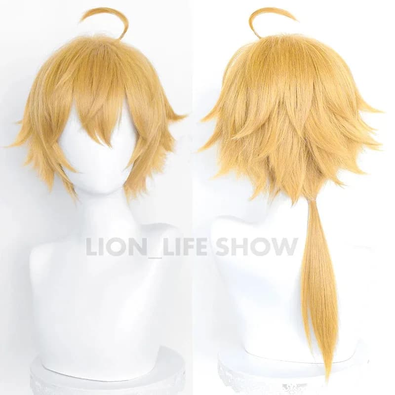 ABC123Genshin Impact Thoma Cosplay Wig Increased Hair Fluffy Design With Horn Yellow Wigs Free capx;3,f'6,h.7;j