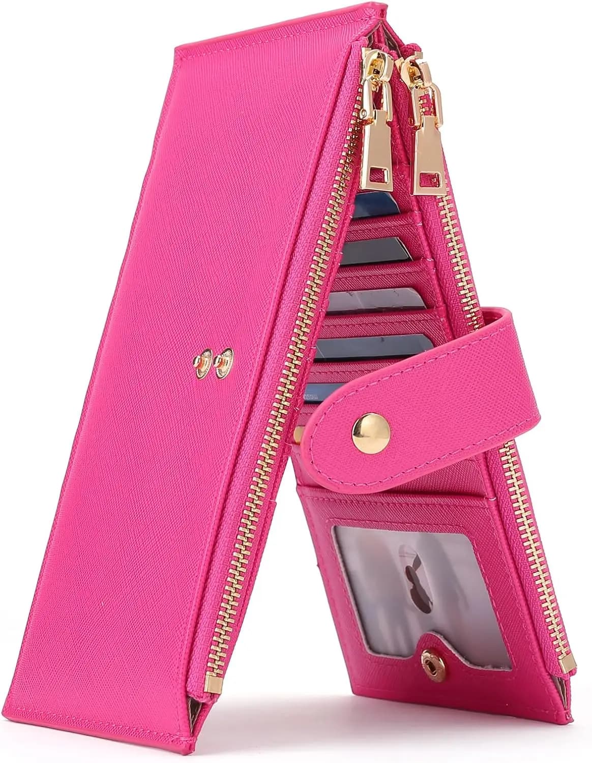 Portafoglio sottile con blocco RFID per donna con 2 tasche con cerniera, pochette porta carte leggera in fucsia