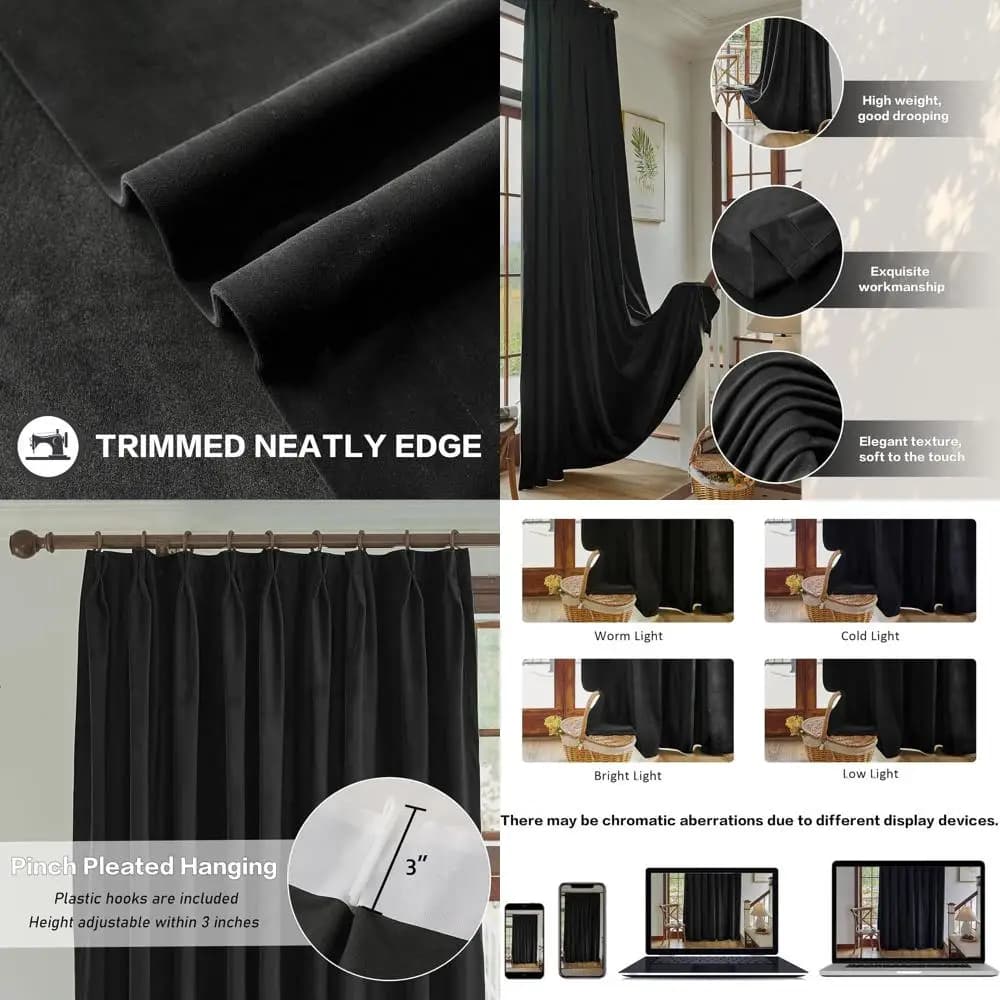 84 Long folded velvet curtains with hooks, thermal insulation, room obscuring, 52 wide, black